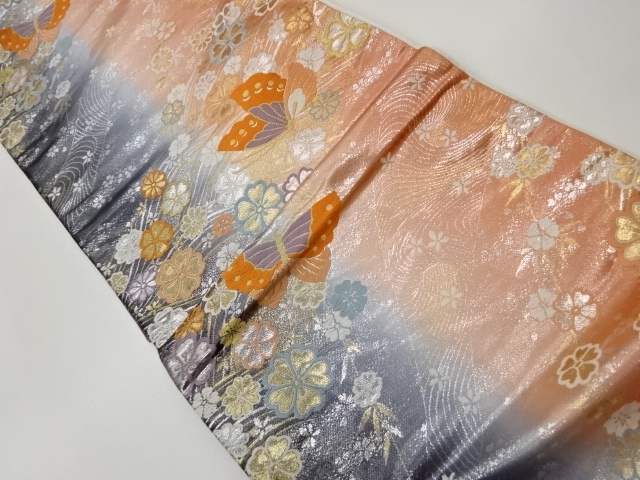 JAPANESE KIMONO / VINTAGE FUKURO OBI / SILK / WOVEN SAKURA & BUTTERFLY
